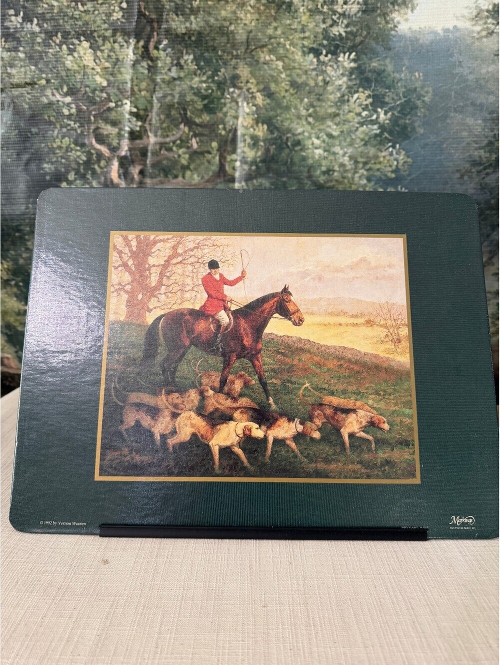 Green padded lap desk with horse and hounds scene